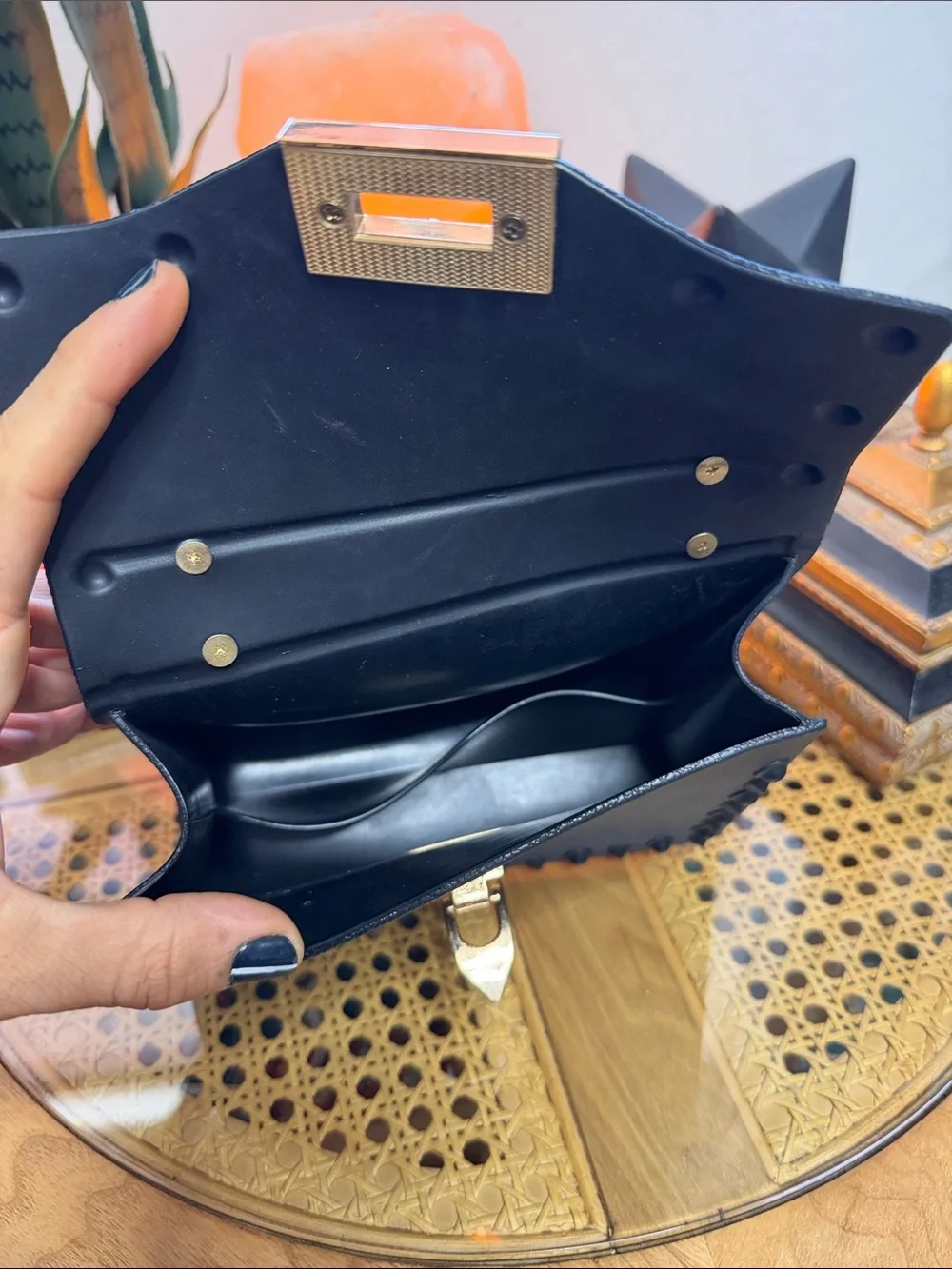 Black Studded Top Handle Satchel Purse Gold Turn Lock Rockstud Style
